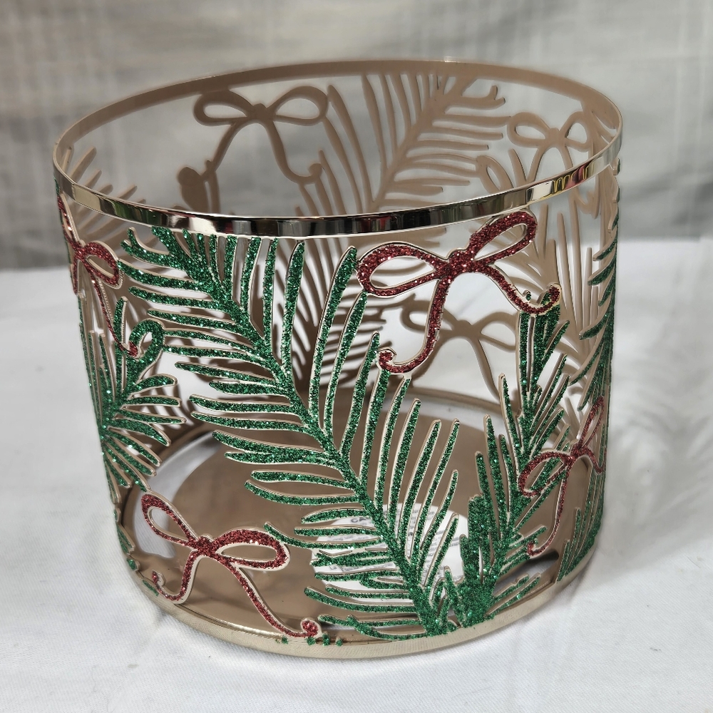 NEW Bath & Body Works Festive Green, Red, & Gold 3 Wick Candle Holder Christmas